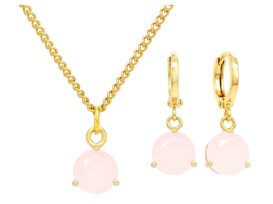 Pink Moonstone Round Gold Necklace And Earrings